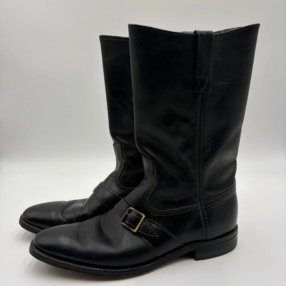 Vtg Dingo Moto Boots Mens 9.5 D Black Leather 60s Square Toe Buckle Engineer USA